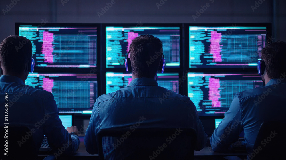 Fototapeta premium Global Impact of Cybersecurity Concept, Monitoring cybersecurity data, analysts work with multiple screens in dark room