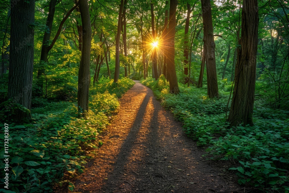 Fototapeta premium Sun beams through the leaves of a forest path. AI generative. .