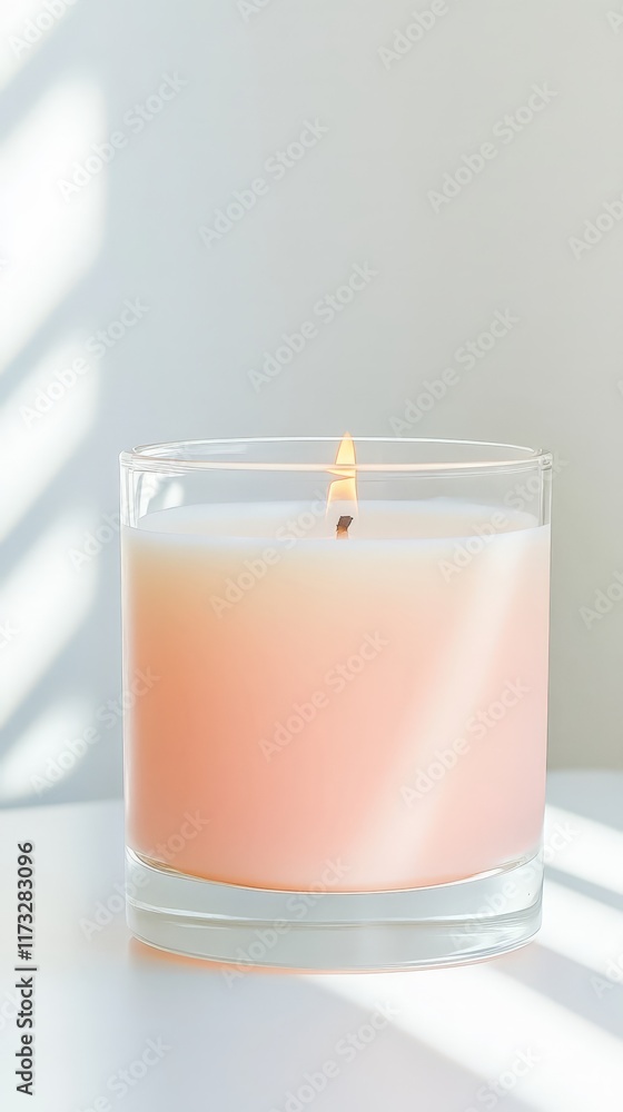 Close-up of a lit white candle in a glass jar, casting soft natural shadows, perfect for themes of relaxation, self-care, and minimalism. Close-up of a lit white candle in a glass jar, casting soft natural shadows, perfect for themes of relaxation, self-care, and minimalism.