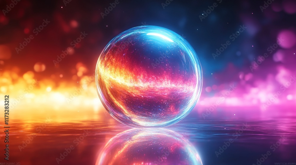 Abstract sphere with vibrant neon colors reflecting on a surface. Abstract sphere with vibrant neon colors reflecting on a surface.