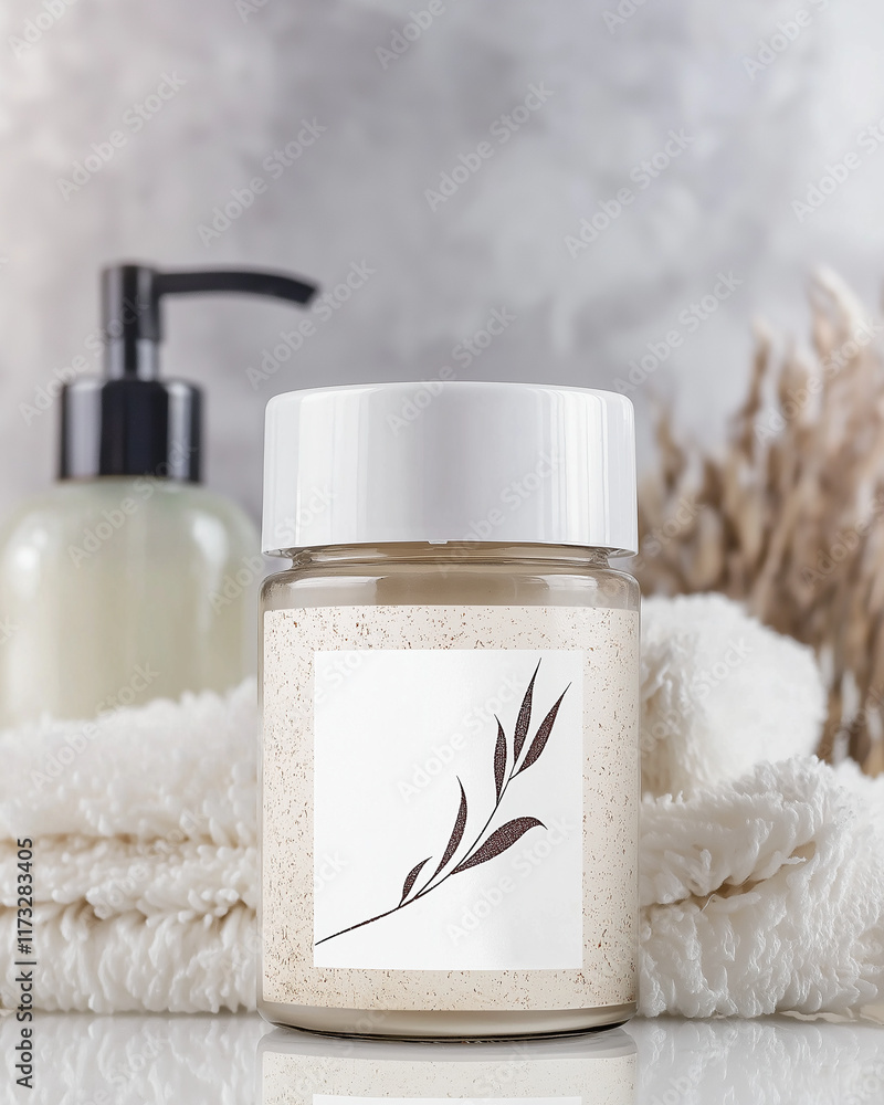 Minimalist jar of exfoliating scrub with a botanical print and blank label, paired with soft towels and sleek bathroom accessories for modern branding Minimalist jar of exfoliating scrub with a botanical print and blank label, paired with soft towels and sleek bathroom accessories for modern branding