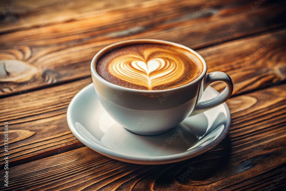Obraz premium Heart Latte Art Coffee in White Cup on Rustic Wooden Table - Stock Photo