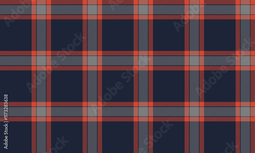 Plaid fabric pattern, navy blue, orange, gray, beautiful seamless lattice cross lines for textiles, and for designing clothes, skirts or decorative fabrics. Vector illustration.