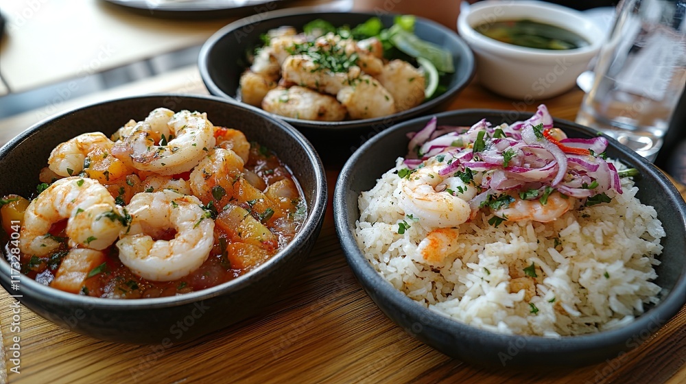 Peruvian seafood trio: ceviche, chicharrón mixto, and rice with seafood. Peruvian seafood trio: ceviche, chicharrón mixto, and rice with seafood.
