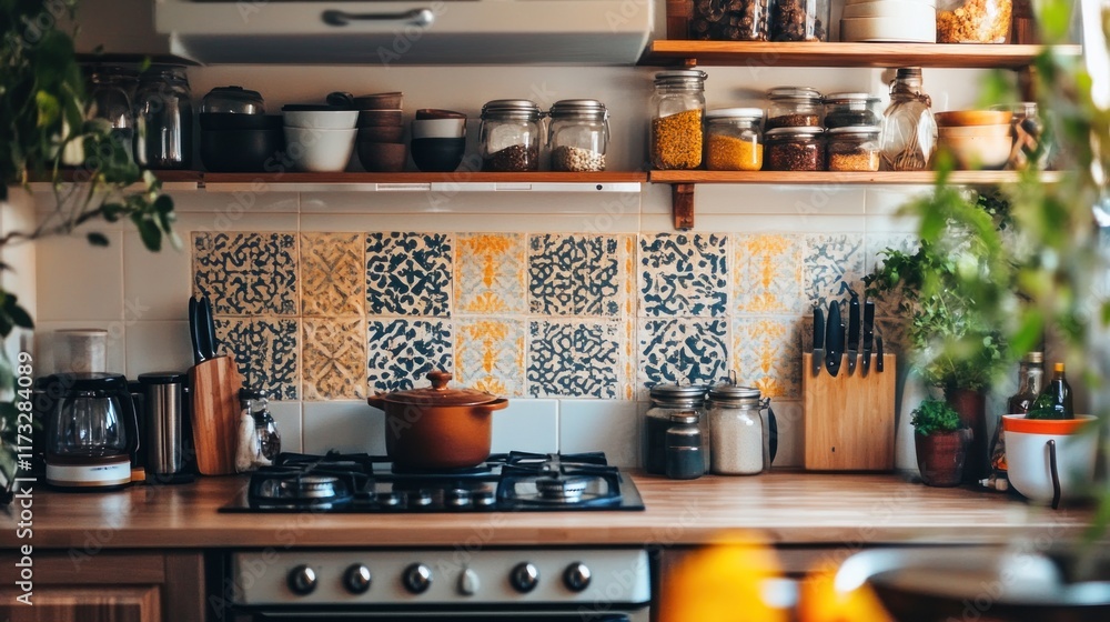 Cozy kitchen with pots, jars, and decorative tiles, showcasing culinary preparation space. Cozy kitchen with pots, jars, and decorative tiles, showcasing culinary preparation space.