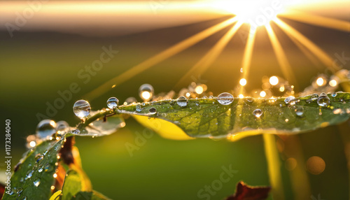 Morning sunlight illuminates dew-covered leaves in a tranquil natural setting