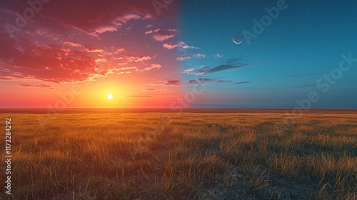 Sunset and night sky separated by field of grass. AI generative. . photo