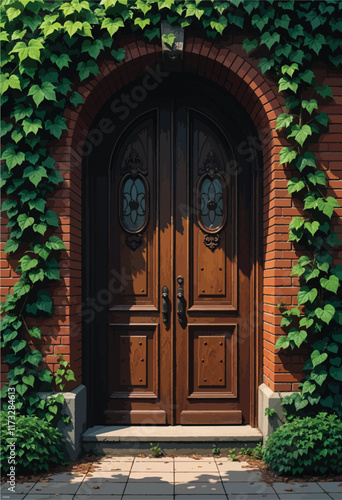 Vector image of a classical European style wooden door with beautiful carvings covered with vines.