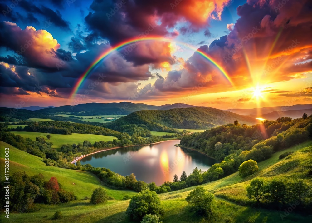 Obraz premium Heart-Shaped Rainbow Landscape - Magical Sky Phenomenon
