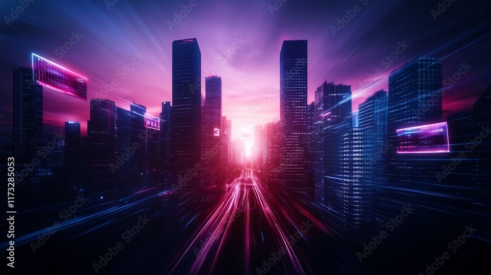 Futuristic city skyline with glowing neon lights and digital screens. Futuristic city skyline with glowing neon lights and digital screens.
