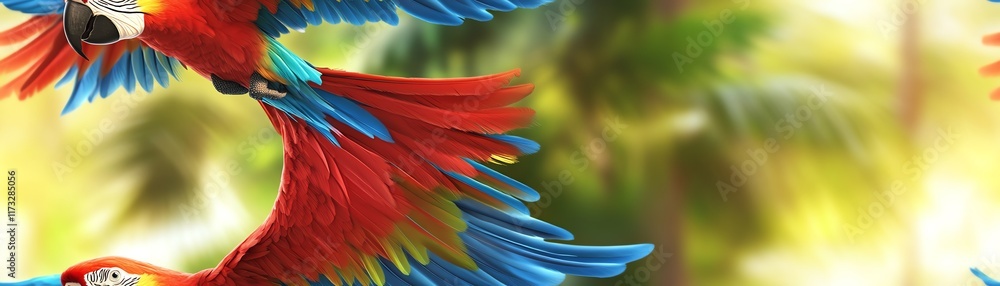 Obraz premium Vibrant scarlet macaws in flight, wings spread wide against a blurred tropical backdrop. Vivid colors and dynamic action.