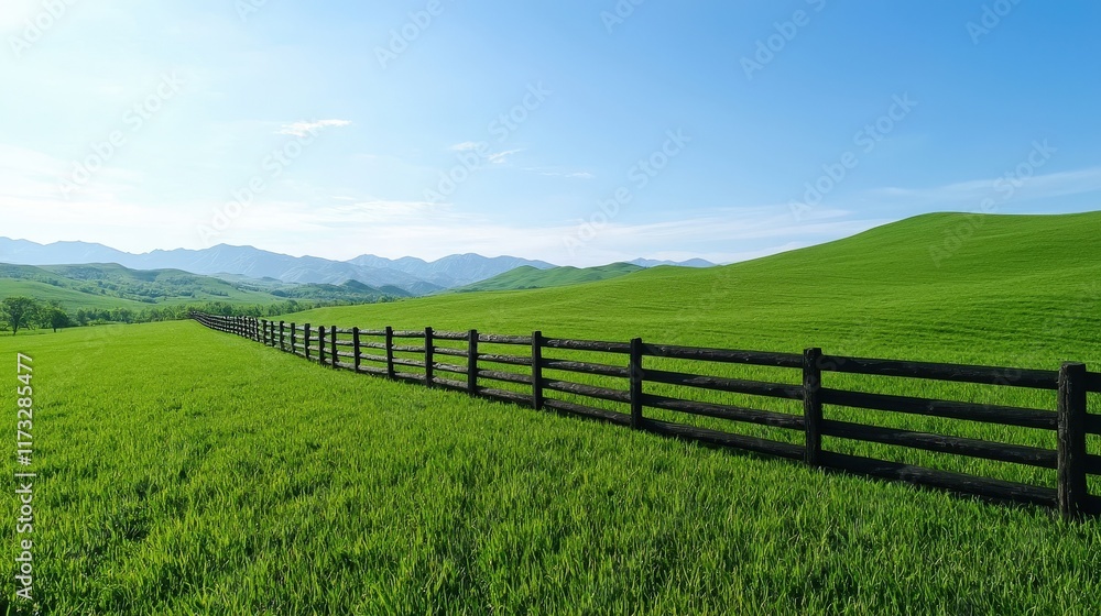 Tranquil Grassy Field with a Rustic Wooden Fence Framing the Landscape Surrounded by Lush Greenery and Rolling Hills Under a Clear Blue Sky Tranquil Grassy Field with a Rustic Wooden Fence Framing the Landscape Surrounded by Lush Greenery and Rolling Hills Under a Clear Blue Sky