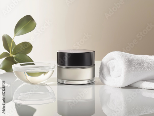 Black cream jar with a glossy finish accompanied by fresh eucalyptus and a white towel on a reflective surface, ideal for spa-inspired skincare branding photo