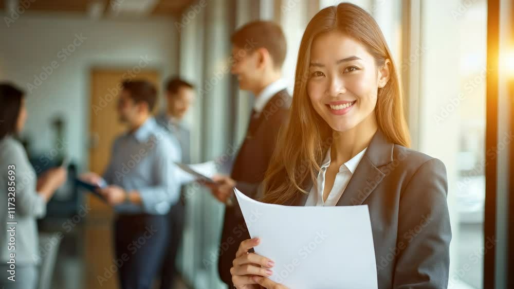 Professional Woman Smiling While Holding Documents in Modern Office Setting With Colleagues Collaborating in Background Professional Woman Smiling While Holding Documents in Modern Office Setting With Colleagues Collaborating in Background