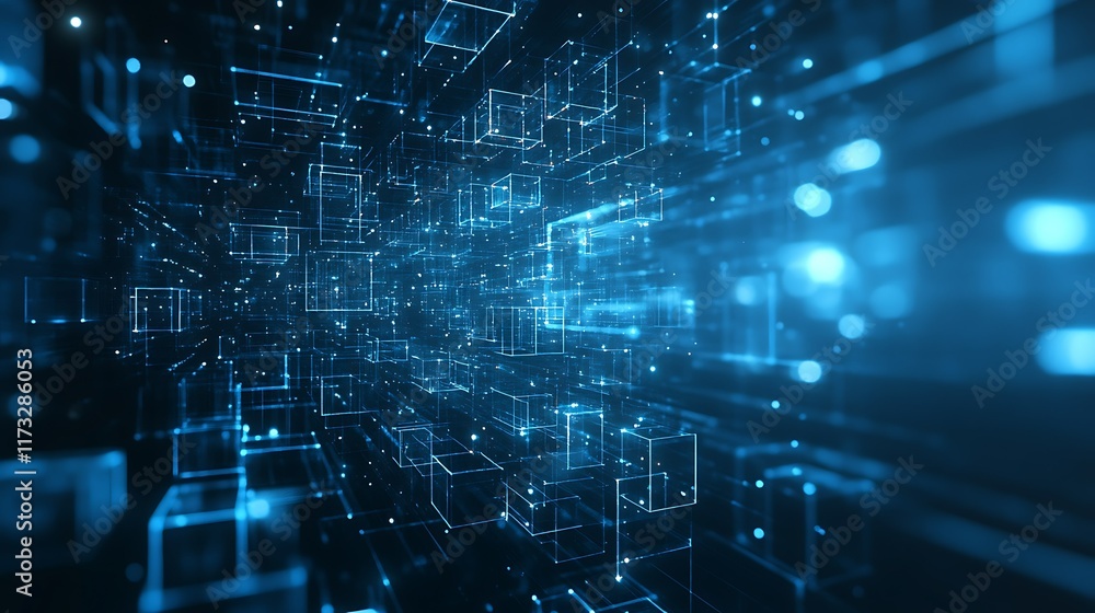 Obraz premium Digital data stream, network tunnel, glowing cubes, abstract background, tech concept.
