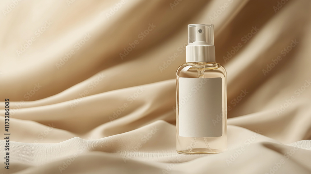 Naklejka premium Clear toner spray bottle with a cream label and nozzle, placed on beige fabric with a soft glow, perfect for elegant and natural skincare branding
