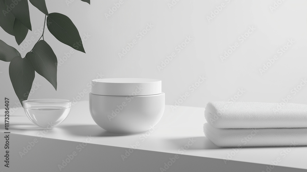 Minimalist white cream jar paired with a glass bowl and towels on a clean surface, ideal for spa-inspired and natural skincare branding Minimalist white cream jar paired with a glass bowl and towels on a clean surface, ideal for spa-inspired and natural skincare branding