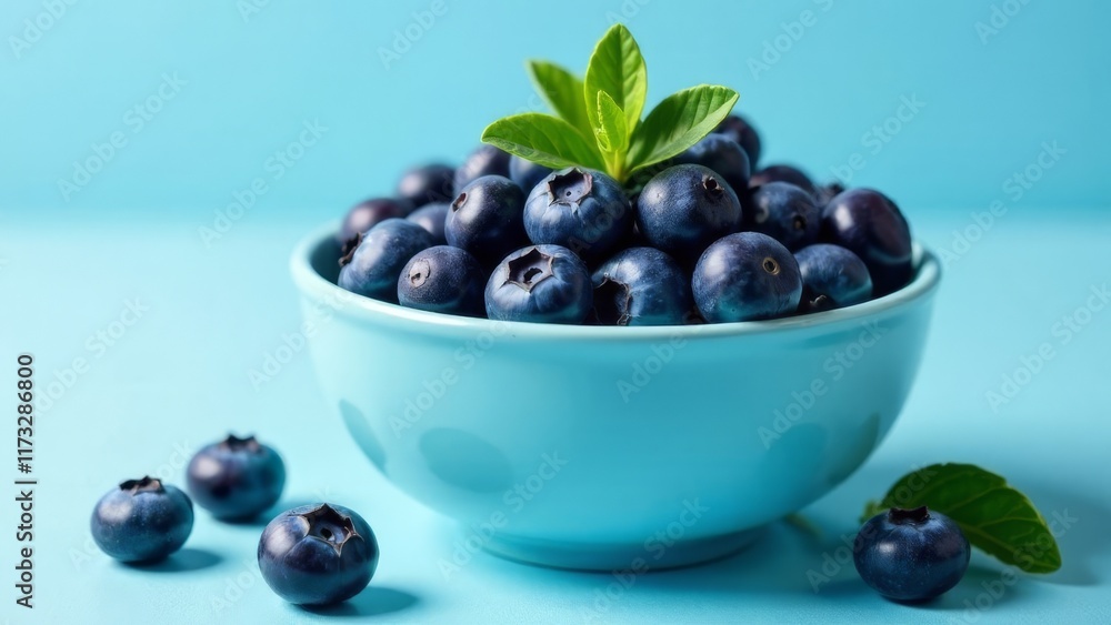 bowl of fresh blueberries with green leaves on a blue background, Proper nutrition, health.
bowl of fresh blueberries with green leaves on a blue background, Proper nutrition, health.