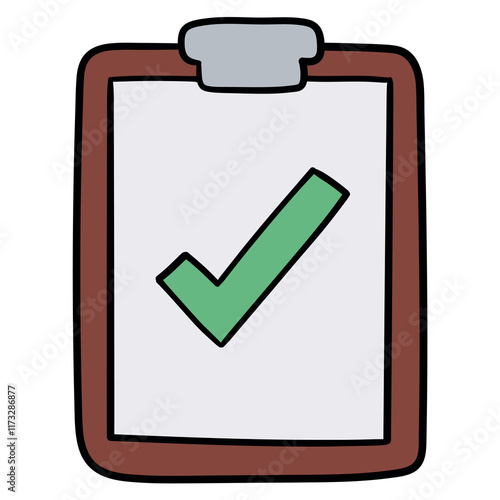 Hand drawn cartoon clipboard with green check mark on white background.