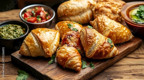 Empanadas, samosas, and stuffed croissants, featuring savory and sweet fillings, presented on rustic wooden boards with dipping sauces photo