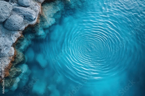 A captivating overhead perspective reveals gentle ripples dancing elegantly across the pristine blue water, bordered by smooth stones at a peaceful lakeside