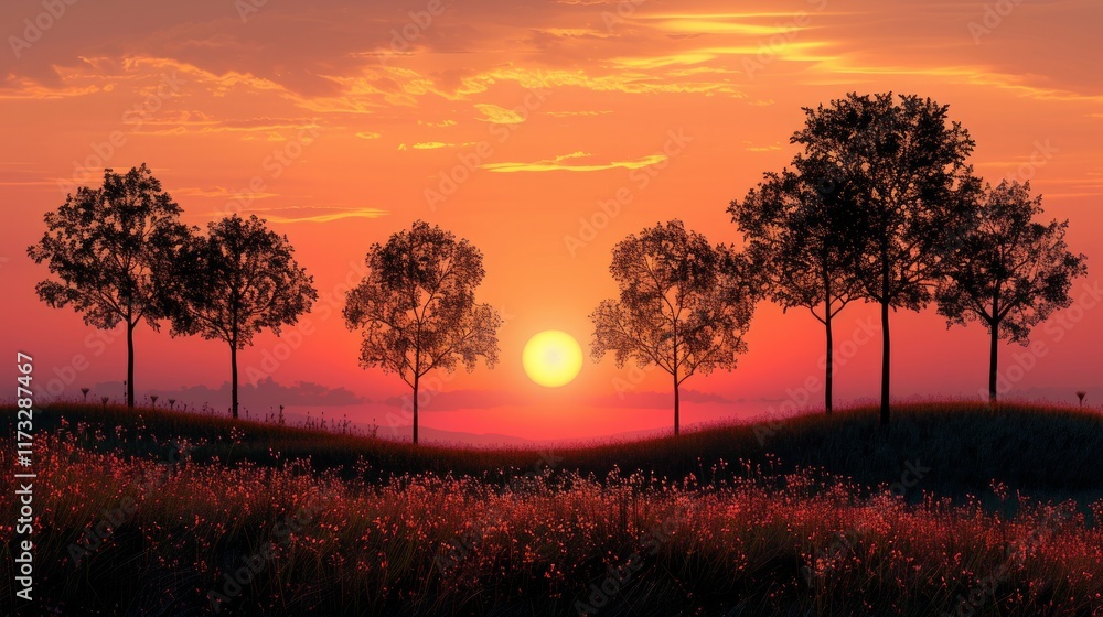 Silhouettes of trees stand tall against a vibrant orange sunset over a field of wildflowers. AI generative. . Silhouettes of trees stand tall against a vibrant orange sunset over a field of wildflowers. AI generative. .