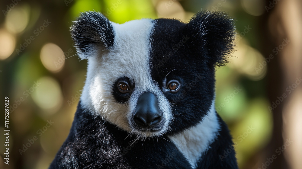 Obraz premium A black-and-white panda with expressive eyes on a natural blurred background