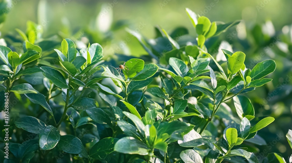 Obraz premium Close-up Lush Green Leaves Bush Sunlight Spider