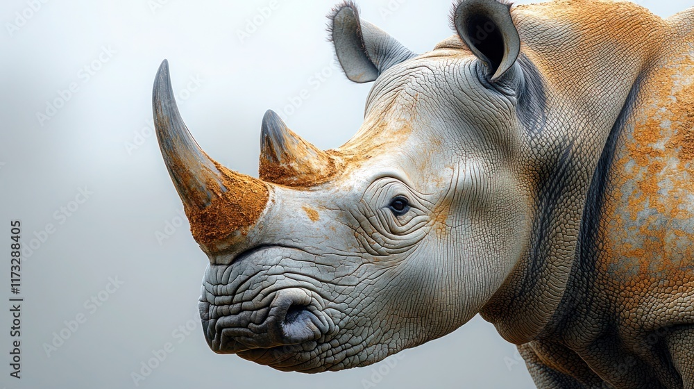 Close-up portrait of a rhinoceros, showcasing its thick skin, large horn, and intense gaze against a blurred background. Close-up portrait of a rhinoceros, showcasing its thick skin, large horn, and intense gaze against a blurred background.