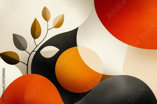 Abstract Autumnal Art Orange Black and Beige Circles with Branch and Leaves Design