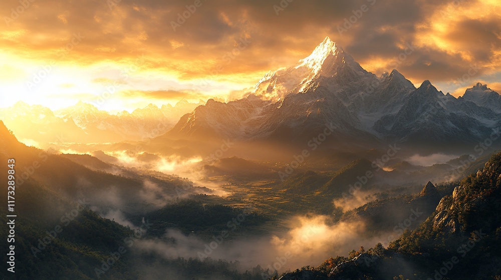 Majestic mountain range with snow-capped peaks bathed in the golden light of a sunrise, with fog swirling in the valleys below. Majestic mountain range with snow-capped peaks bathed in the golden light of a sunrise, with fog swirling in the valleys below.