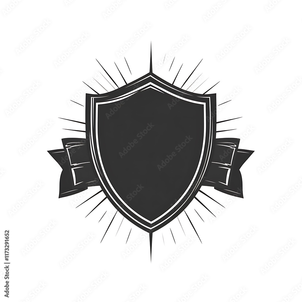 Obraz premium Graphic shield emblem with ribbon and rays.