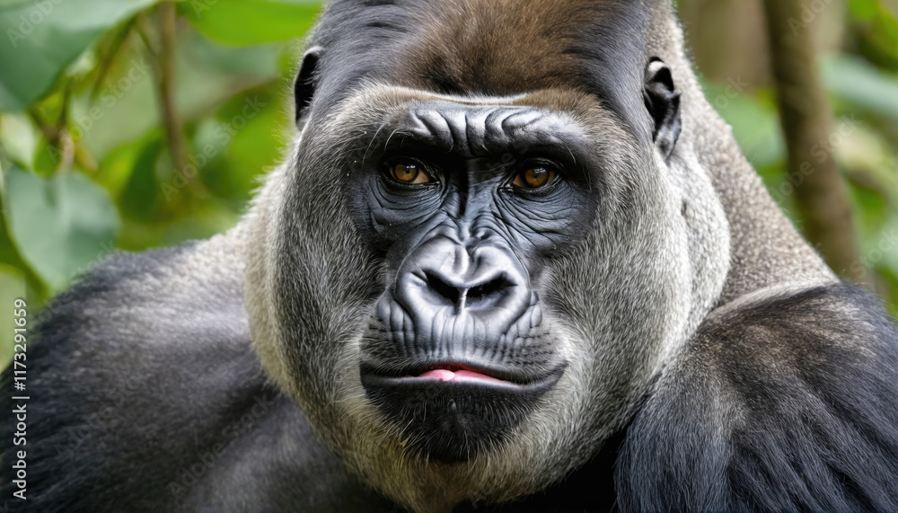 Fototapeta premium Majestic gorilla displaying expressive features in a lush forest setting during daylight hours