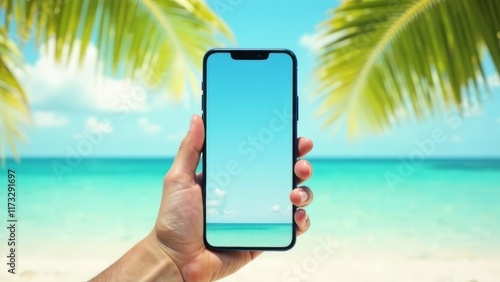 Smartphone mockup against the backdrop of the sea, tropics, snow-free vacation. photo