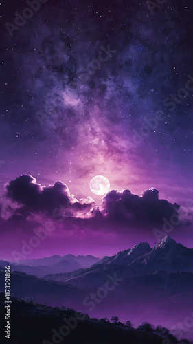 Mystical purple gradient moonlight sky with stars and clouds Phone wallpaper background