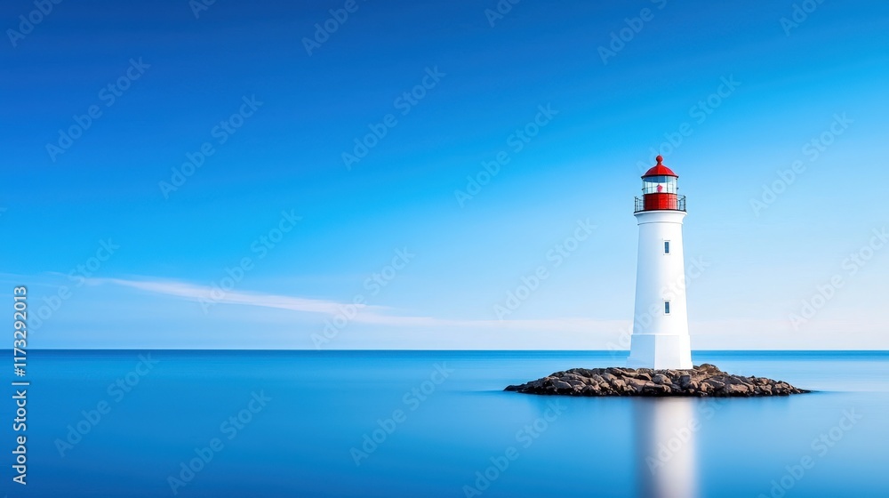 Majestic Lighthouse Standing Tall on Rugged Rocky Shore Under Clear Blue Sky with Gentle Waves Lapping at the Coastline in a Serene Coastal Scene Majestic Lighthouse Standing Tall on Rugged Rocky Shore Under Clear Blue Sky with Gentle Waves Lapping at the Coastline in a Serene Coastal Scene