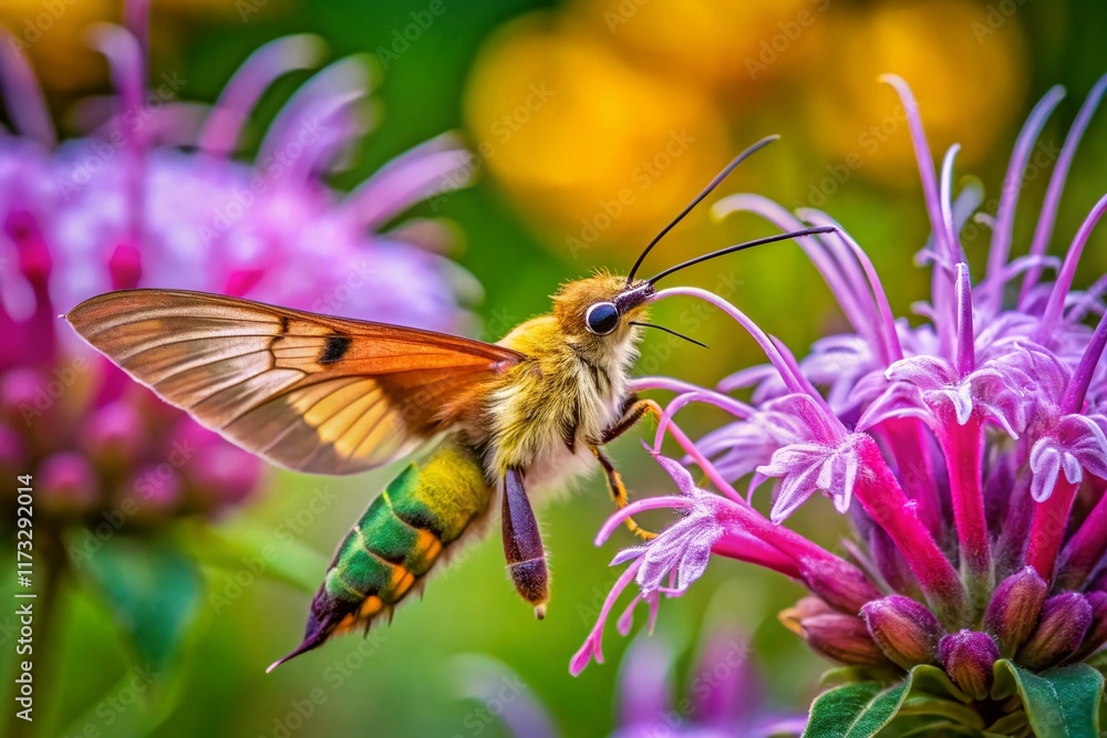 Hummingbird Moth on Bee Balm: Vibrant Close-up of Hemaris thysbe Pollinating Monarda Hummingbird Moth on Bee Balm: Vibrant Close-up of Hemaris thysbe Pollinating Monarda