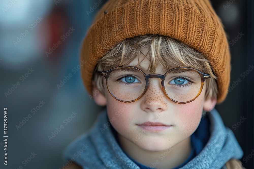 Young boy in a cozy hat and glasses with striking blue eyes enjoying a chilly day outdoors Young boy in a cozy hat and glasses with striking blue eyes enjoying a chilly day outdoors