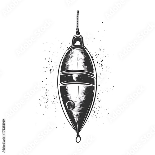 Fishing bobber with line, hatching illustration.