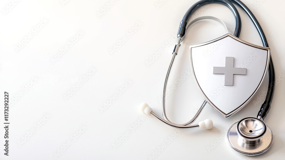 Stethoscope resting on a shield symbolizing healthcare.