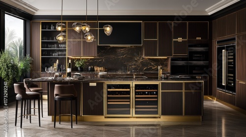Wallpaper Mural Elegant modern kitchen featuring dark wood, gold accents, and high-end appliances. Torontodigital.ca