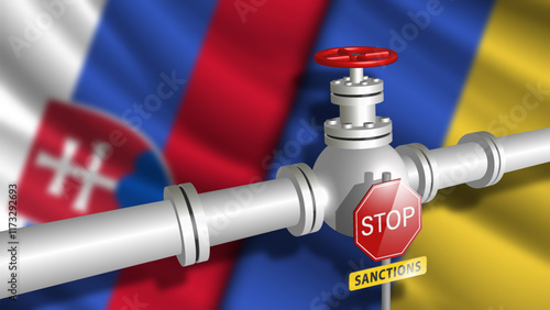 Vector political economic banner. Blurred flags of Slovakia and Ukraine. 3D gas pipe with closed valve. Stop sign and sanctions. Problems between countries. Gas pipeline.