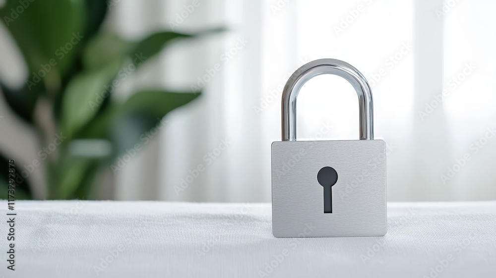 Fototapeta premium Silver padlock on a white surface with greenery backdrop.