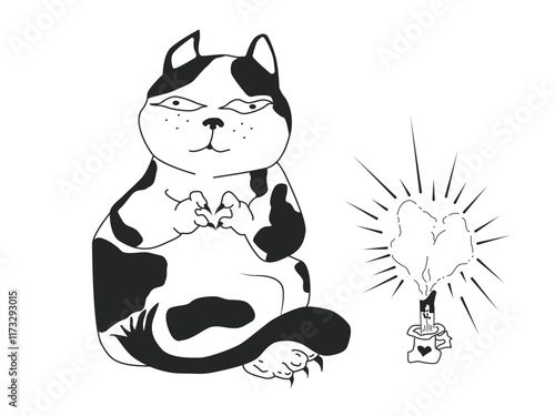Cat sitting with hands showing love May have a heart that conveys love The candles are lit in the shape of a heart. simple lines Suitable for printing Design a shirt, sticker or tattoo.