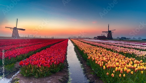 Tulpenfelder in den Niederlanden mit Windmühlen
