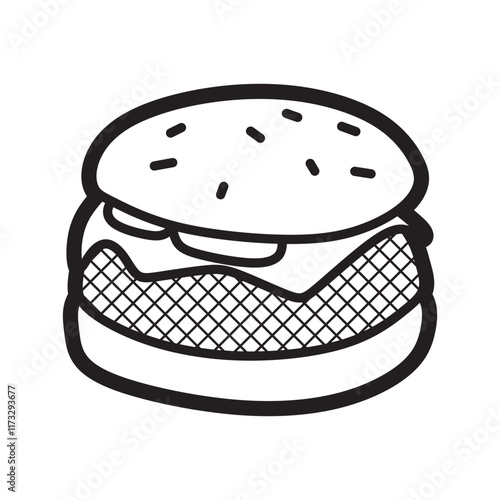 sandwich, simple black and white line art, burger with lots of meat