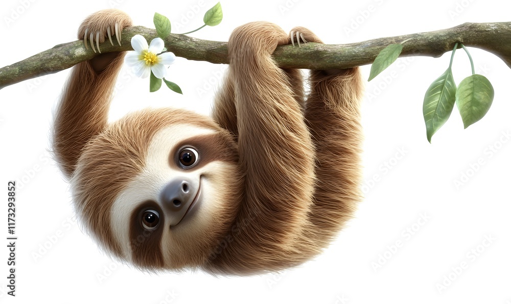 Obraz premium Cute sloth hanging on a branch, with leaves and flower.