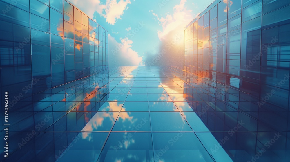 Obraz premium A low angle view of a glass building with reflections of clouds and a sunset sky. AI generative. .
