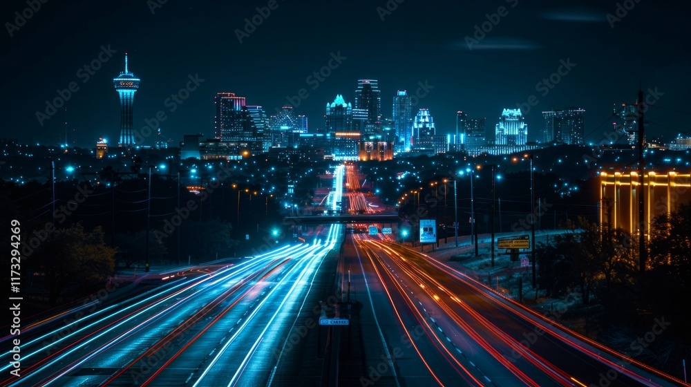 Obraz premium Night cityscape with light trails on highway leading towards skyscrapers. AI generative. .