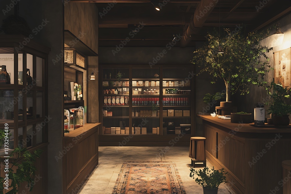 A cozy interior of a modern shop featuring shelves of products and greenery. A cozy interior of a modern shop featuring shelves of products and greenery.